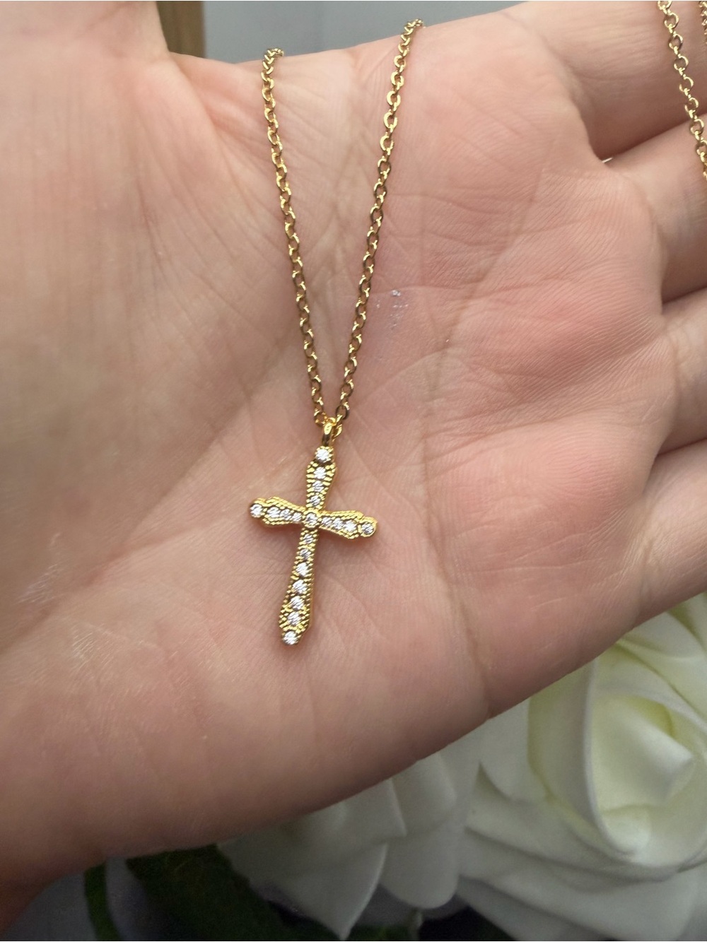 Gold Cross Pendant Necklace with Crystal Accents - Picture 1 of 6